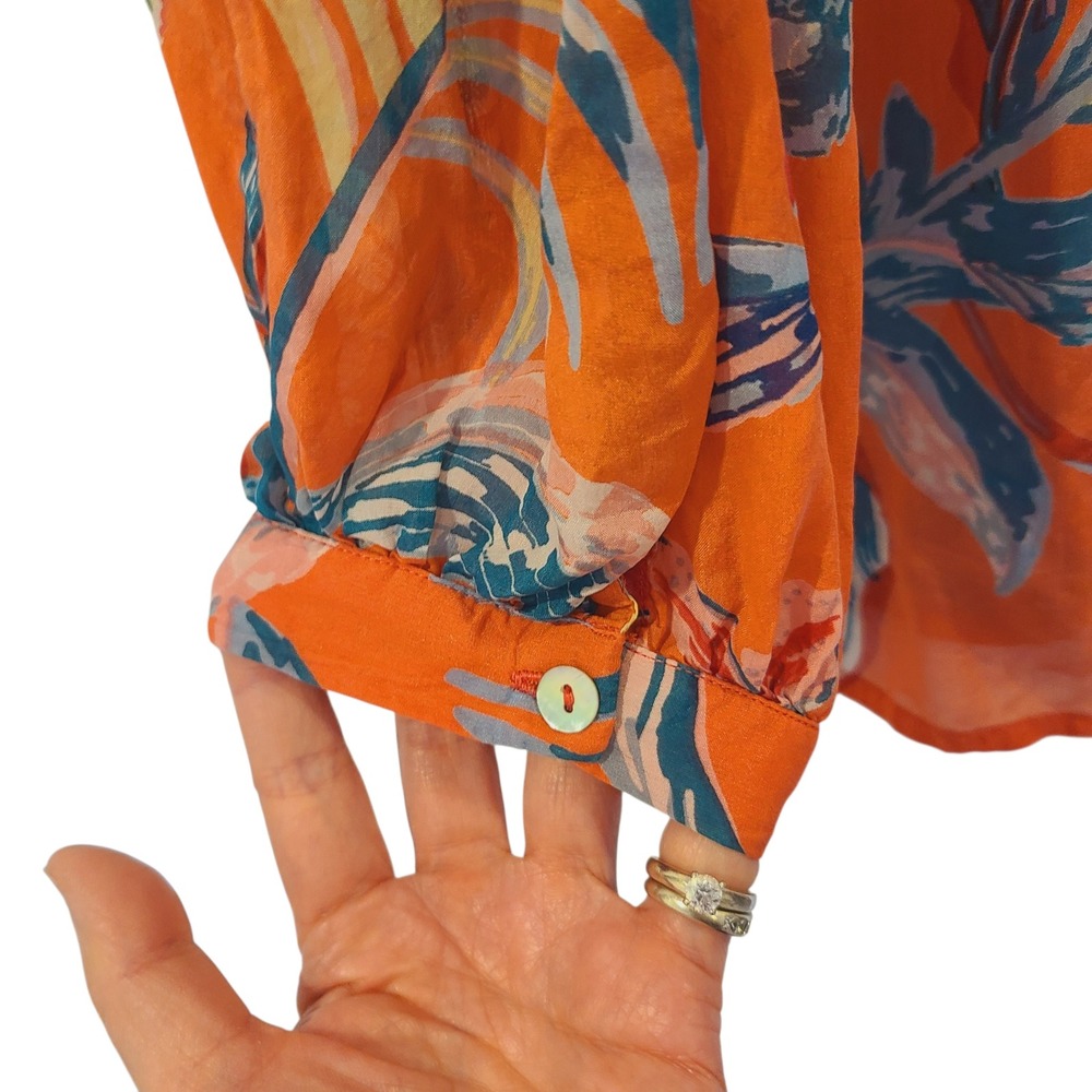 Banjanan Orange Silk Tropical Floral Bird Print Ruffle Neck Blouse Womens XS - Picture 7 of 9